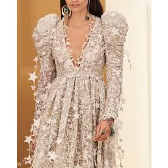 ZIMMERMAN Celestial Zodiac Long Sleeve Lace Midi Dress AUS 1/US 6 Champagne NWT - Picture 9 of 16